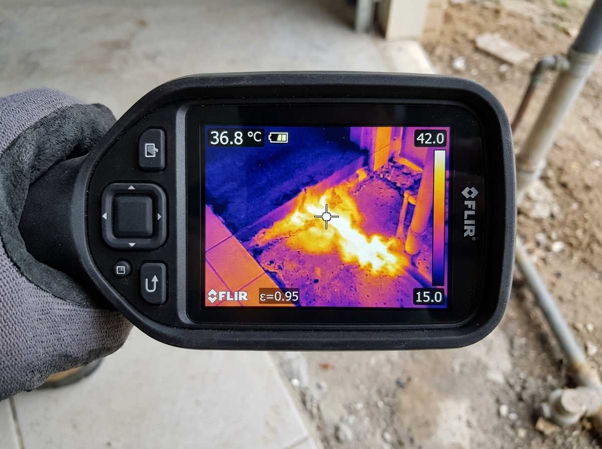 Thermal imaging scan revealing a hot water line leak beneath concrete foundation in Santa Fe