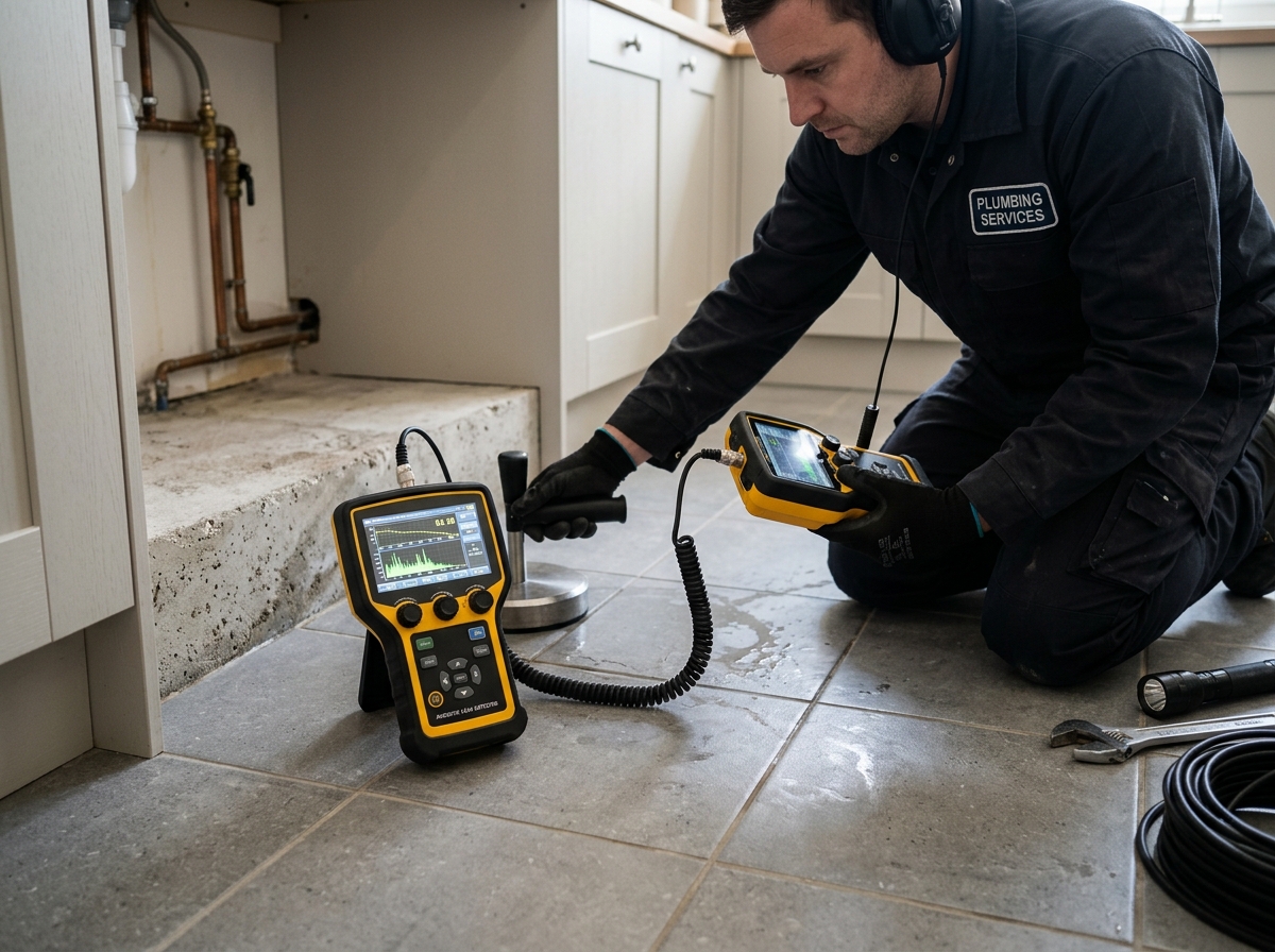 Plumbing specialist compiling technical slab leak diagnostic documentation for insurance adjuster in Santa Fe